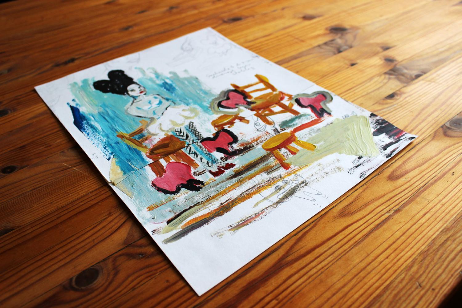 Snehvide og dværge | Tegninger | Louise Bech Pedersen | Beauton Art Gallery tegninger, farverige, børnevenlige, surrealistiske, børn, mennesker, orange, røde, turkise, akryl, papir, olie, blyant, andre-medier, abstrakte-former, smukke, lyse, sød, dekorative, ansigter, fantasi, kvindelig, naive, skitse, lodret, kvinder, Køb original kunst af den højeste kvalitet. Malerier, tegninger, limited edition kunsttryk & plakater af dygtige kunstnere.