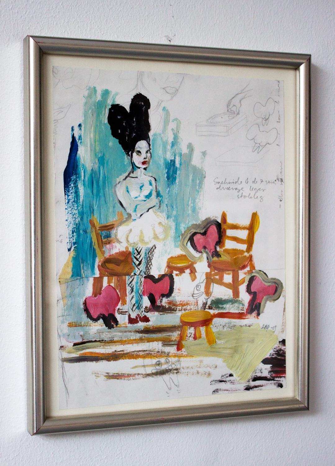 Snehvide og dværge | Tegninger | Louise Bech Pedersen | Beauton Art Gallery tegninger, farverige, børnevenlige, surrealistiske, børn, mennesker, orange, røde, turkise, akryl, papir, olie, blyant, andre-medier, abstrakte-former, smukke, lyse, sød, dekorative, ansigter, fantasi, kvindelig, naive, skitse, lodret, kvinder, Køb original kunst af den højeste kvalitet. Malerier, tegninger, limited edition kunsttryk & plakater af dygtige kunstnere.