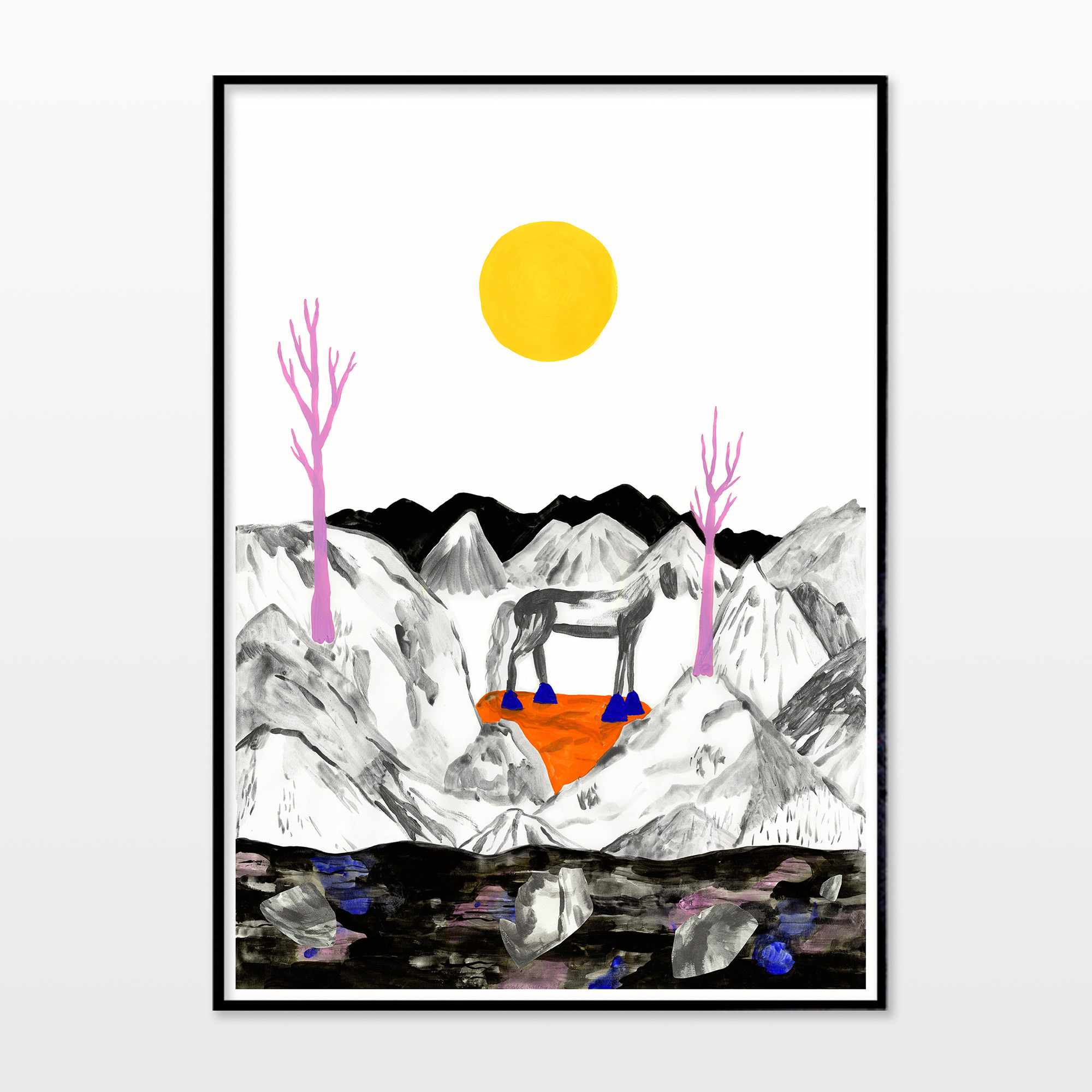 Surrounded | Plakater-posters-kunsttryk, Giclee-tryk | Emilie Aastrup | Beauton Art Gallery plakater-posters-kunsttryk, giclee-tryk, æstetiske, figurative, illustrative, landskab, minimalistiske, dyreliv, botanik, natur, himmel, vilde-dyr, sorte, grå, gule, blæk, papir, atmosfære, smukke, samtidskunst, dansk, dekorative, design, skov, heste, interiør, bolig-indretning, moderne, moderne-kunst, nordisk, plakater, tryk, skandinavisk, sol, Køb original kunst og kunstplakater. Malerier, tegninger, limited edition kunsttryk & plakater af dygtige kunstnere.