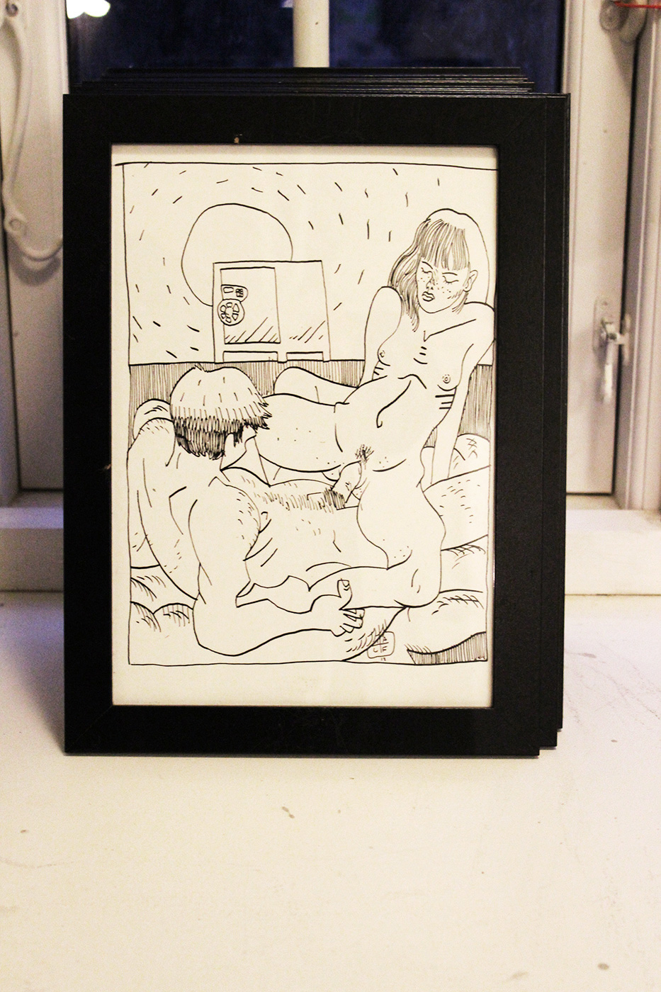 udsnit af Låsesmeds Filerne - 42 x 30 cm. En original illustration af Halfdan Pisket. Indrammet i sort ramme. En original kunst illustration / tegning af kunstner Halfdan Pisket. stærke og udtryksfulde kunst illustrationer og tegninger, dygtig dansk illustrator, tegner, faverige