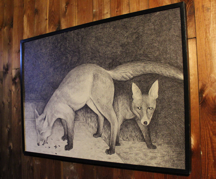 Ræv med unge Ræv med unge, kuglepen bic ball point pen, tegning illustration sort hvid, god teknik, dygtige kunstnere, online kunst galleri