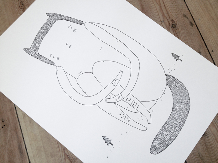 BIG AND LONELY  | Tegninger | My Buemann | Beauton Art Gallery tegninger, dyr, grafiske, pop, stemninger, sorte, hvide, artliner, kærlighed, romantiske, street-art, Køb original kunst af den højeste kvalitet. Malerier, tegninger, limited edition kunsttryk & plakater af dygtige kunstnere.