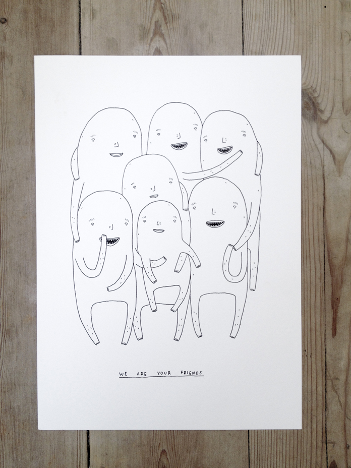 We are your friends | Tegninger | My Buemann | Beauton Art Gallery tegninger, dyr, grafiske, pop, stemninger, sorte, hvide, artliner, københavn, dansk, dekorative, interiør, bolig-indretning, kærlighed, nordisk, romantiske, skandinavisk, street-art, Køb original kunst og kunstplakater. Malerier, tegninger, limited edition kunsttryk & plakater af dygtige kunstnere.