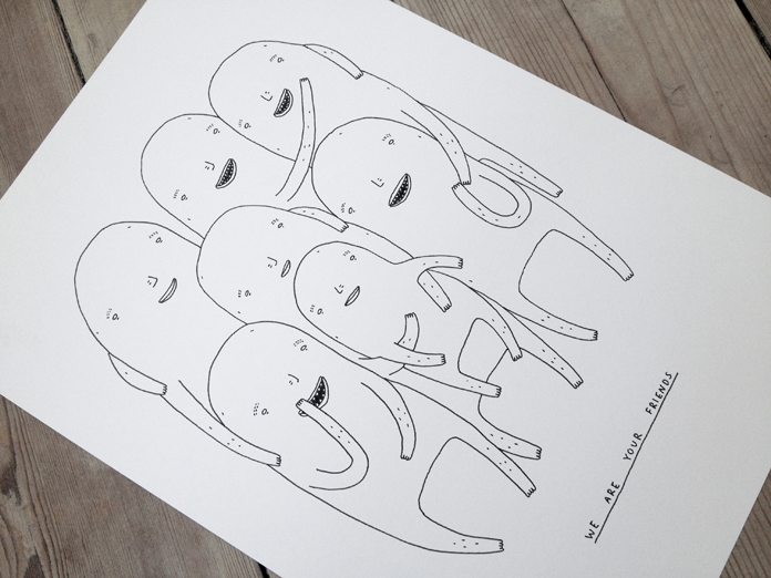 We are your friends | Tegninger | My Buemann | Beauton Art Gallery tegninger, dyr, grafiske, pop, stemninger, sorte, hvide, artliner, københavn, dansk, dekorative, interiør, bolig-indretning, kærlighed, nordisk, romantiske, skandinavisk, street-art, Køb original kunst og kunstplakater. Malerier, tegninger, limited edition kunsttryk & plakater af dygtige kunstnere.