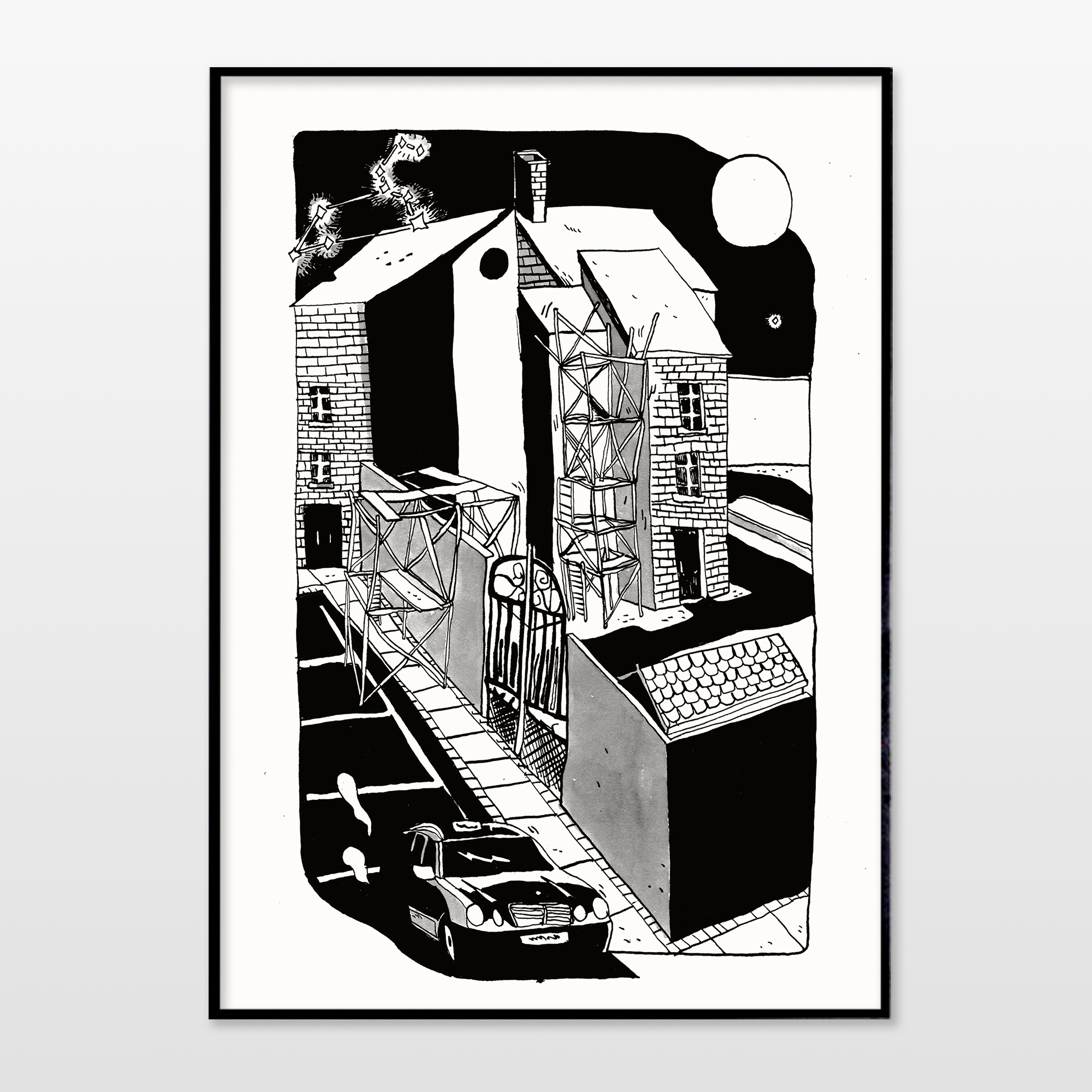 plakater-posters-kunsttryk, giclee-tryk, grafiske, illustrative, monokrome, arkitektur, tegneserier, bevægelse, transportmidler, sorte, hvide, blæk, papir, sort-hvide, biler, samtidskunst, københavn, dansk, design, moderne, moderne-kunst, nordisk, plakater, tryk, skandinavisk, tid, køretøjer, Køb original kunst og kunstplakater. Malerier, tegninger, limited edition kunsttryk & plakater af dygtige kunstnere.