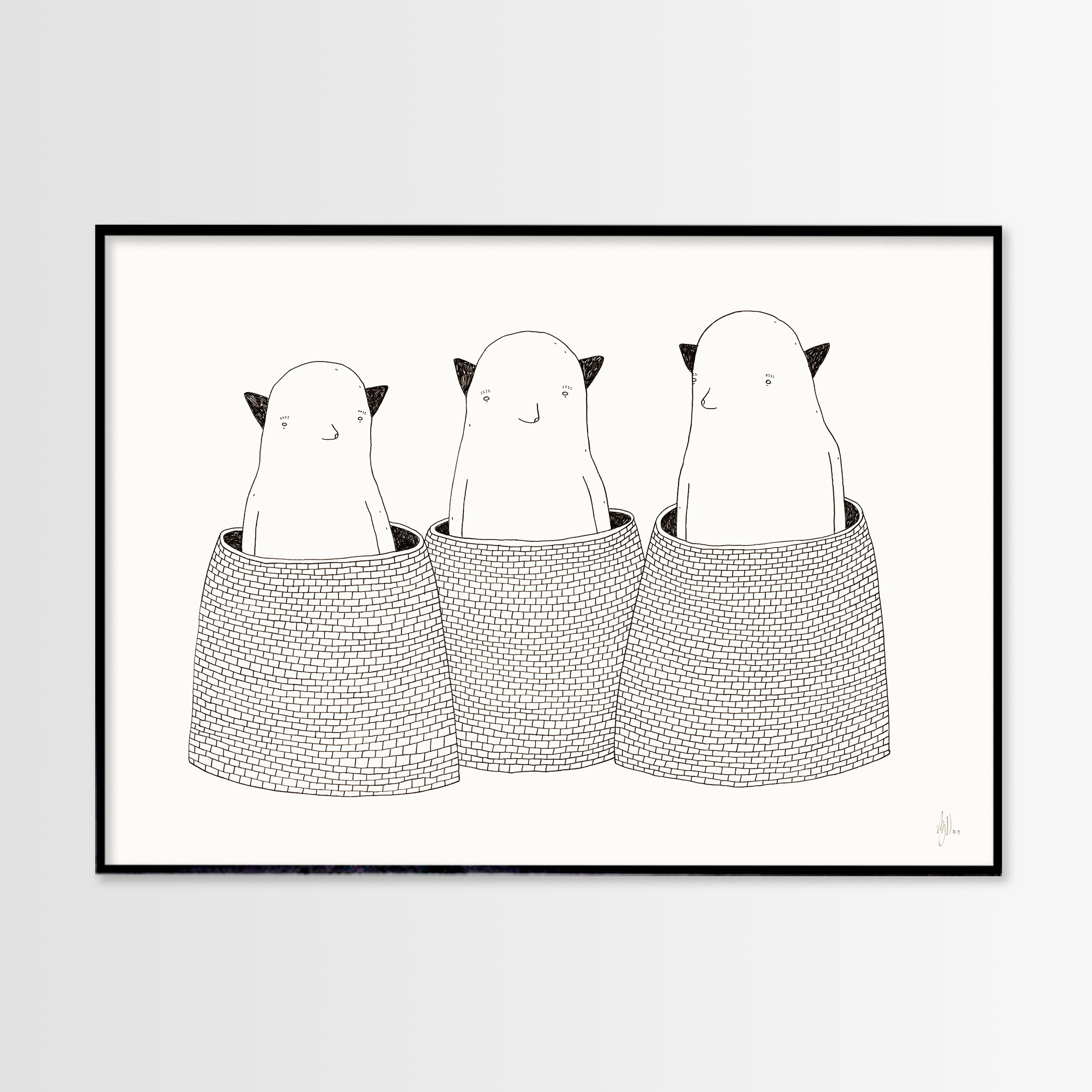 Three Monsters | Kunsttryk, Gicleé | My Buemann | Gicleé kunstplakat af My Buemann.Trykt med pigmenteret UV-beskyttet blæk på 200 gr./m2 kunstpapir.Kunsttrykket passer til en A3. Ramme er ikke inkluderet.Pakkes forsvarligt i en kartonæske. | Beauton Art Gallery kunsttryk, gicleé, dyr, børnevenlige, figurative, illustrative, minimalistiske, tegneserier, børn, humor, sorte, hvide, blæk, papir, sjove, dansk, dekorative, design, interiør, bolig-indretning, kærlighed, nordisk, plakater, tryk, skandinavisk, Køb original kunst og kunstplakater. Malerier, tegninger, limited edition kunsttryk & plakater af dygtige kunstnere.