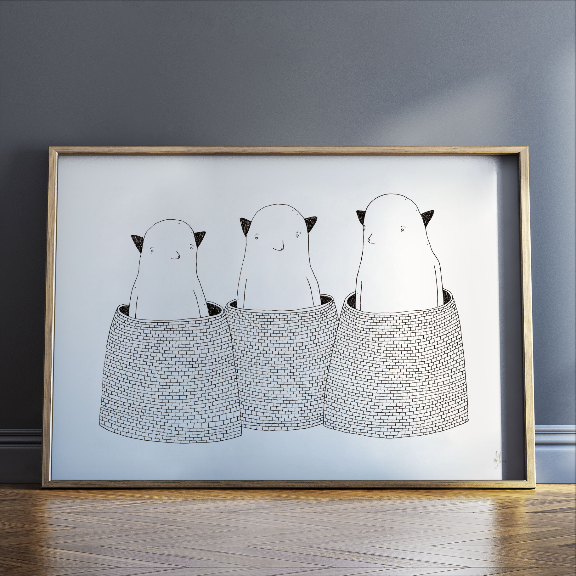 Three Monsters | Kunsttryk, Gicleé | My Buemann | Gicleé kunstplakat af My Buemann.Trykt med pigmenteret UV-beskyttet blæk på 200 gr./m2 kunstpapir.Kunsttrykket passer til en A3. Ramme er ikke inkluderet.Pakkes forsvarligt i en kartonæske. | Beauton Art Gallery kunsttryk, gicleé, dyr, børnevenlige, figurative, illustrative, minimalistiske, tegneserier, børn, humor, sorte, hvide, blæk, papir, sjove, dansk, dekorative, design, interiør, bolig-indretning, kærlighed, nordisk, plakater, tryk, skandinavisk, Køb original kunst og kunstplakater. Malerier, tegninger, limited edition kunsttryk & plakater af dygtige kunstnere.