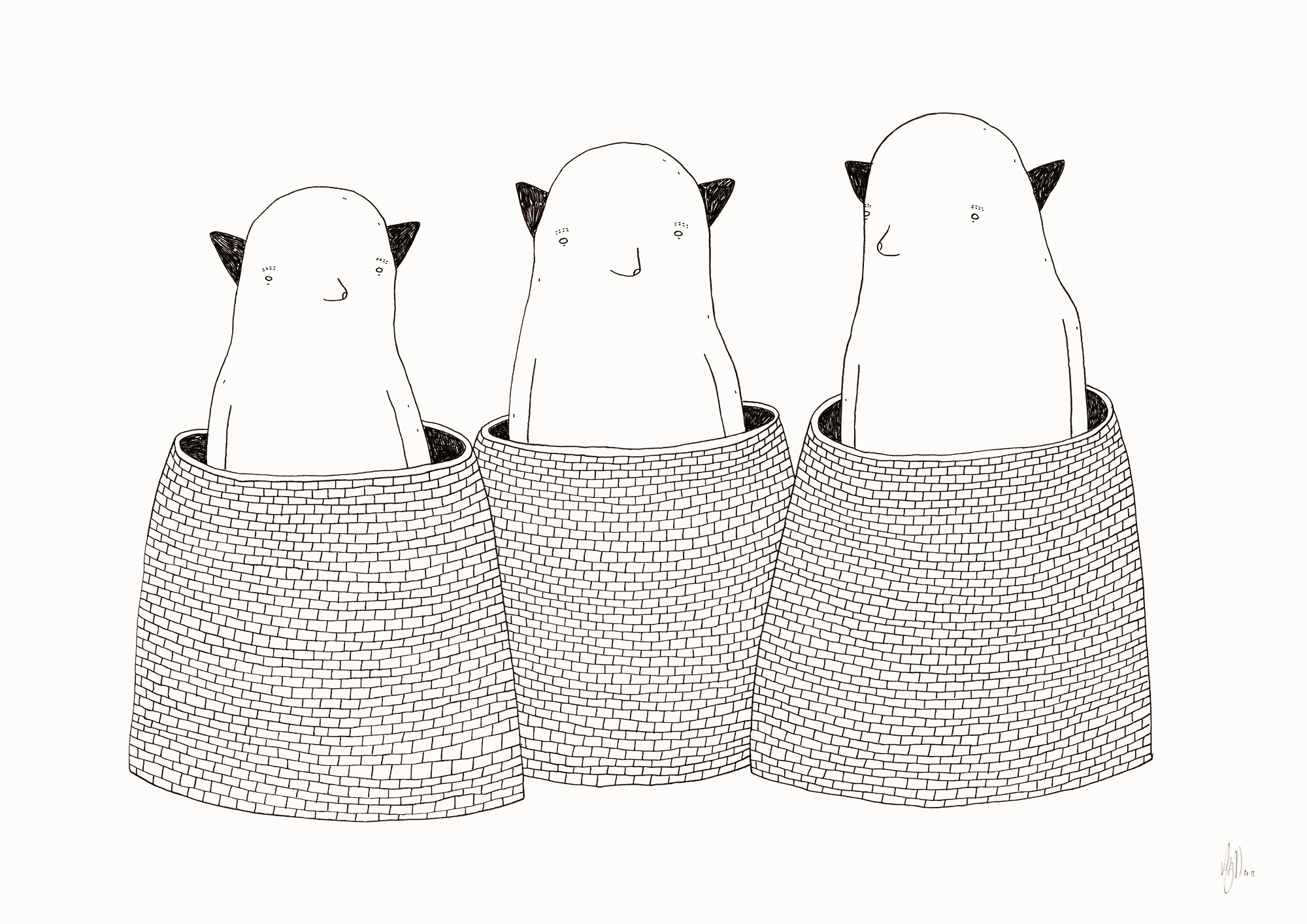 Three Monsters | Kunsttryk, Gicleé | My Buemann | Gicleé kunstplakat af My Buemann.Trykt med pigmenteret UV-beskyttet blæk på 200 gr./m2 kunstpapir.Kunsttrykket passer til en A3. Ramme er ikke inkluderet.Pakkes forsvarligt i en kartonæske. | Beauton Art Gallery kunsttryk, gicleé, dyr, børnevenlige, figurative, illustrative, minimalistiske, tegneserier, børn, humor, sorte, hvide, blæk, papir, sjove, dansk, dekorative, design, interiør, bolig-indretning, kærlighed, nordisk, plakater, tryk, skandinavisk, Køb original kunst og kunstplakater. Malerier, tegninger, limited edition kunsttryk & plakater af dygtige kunstnere.