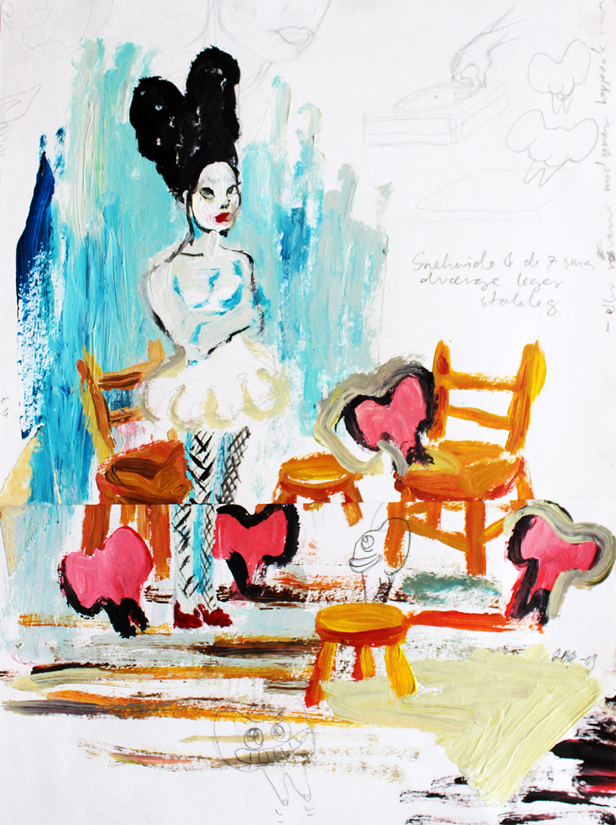 Snehvide og dværge | Tegninger | Louise Bech Pedersen | Beauton Art Gallery tegninger, farverige, børnevenlige, surrealistiske, børn, mennesker, orange, røde, turkise, akryl, papir, olie, blyant, andre-medier, abstrakte-former, smukke, lyse, sød, dekorative, ansigter, fantasi, kvindelig, naive, skitse, lodret, kvinder, Køb original kunst af den højeste kvalitet. Malerier, tegninger, limited edition kunsttryk & plakater af dygtige kunstnere.