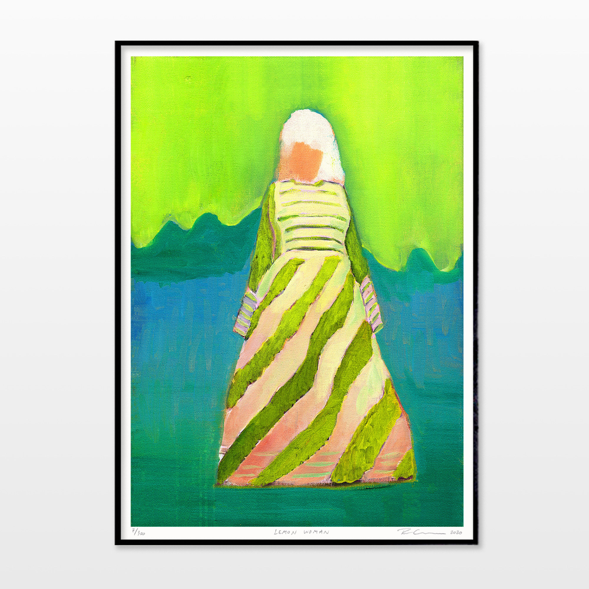 Lemon Woman | Plakater-posters-kunsttryk, Giclee-tryk | Rafael Guerrero Céspedes | Limited edition gicleé kunsttryk af Rafael Guerrero Cespedes.Oplag på 300 stk. Signeret og nummeret af kunstneren.Trykt med pigmenteret baseret blæk på 300 g/m² syrefrit Fabriano kunstpapir. | Beauton Art Gallery plakater-posters-kunsttryk, giclee-tryk, æstetiske, farverige, figurative, illustrative, portræt, kroppe, mennesker, himmel, blå, grønne, turkise, blæk, papir, smukke, beklædning, samtidskunst, københavn, dansk, dekorative, design, kvindelig, interiør, bolig-indretning, moderne, motorcykel, nordisk, plakater, tryk, skandinavisk, kvinder, Køb original kunst og kunstplakater. Malerier, tegninger, limited edition kunsttryk & plakater af dygtige kunstnere.