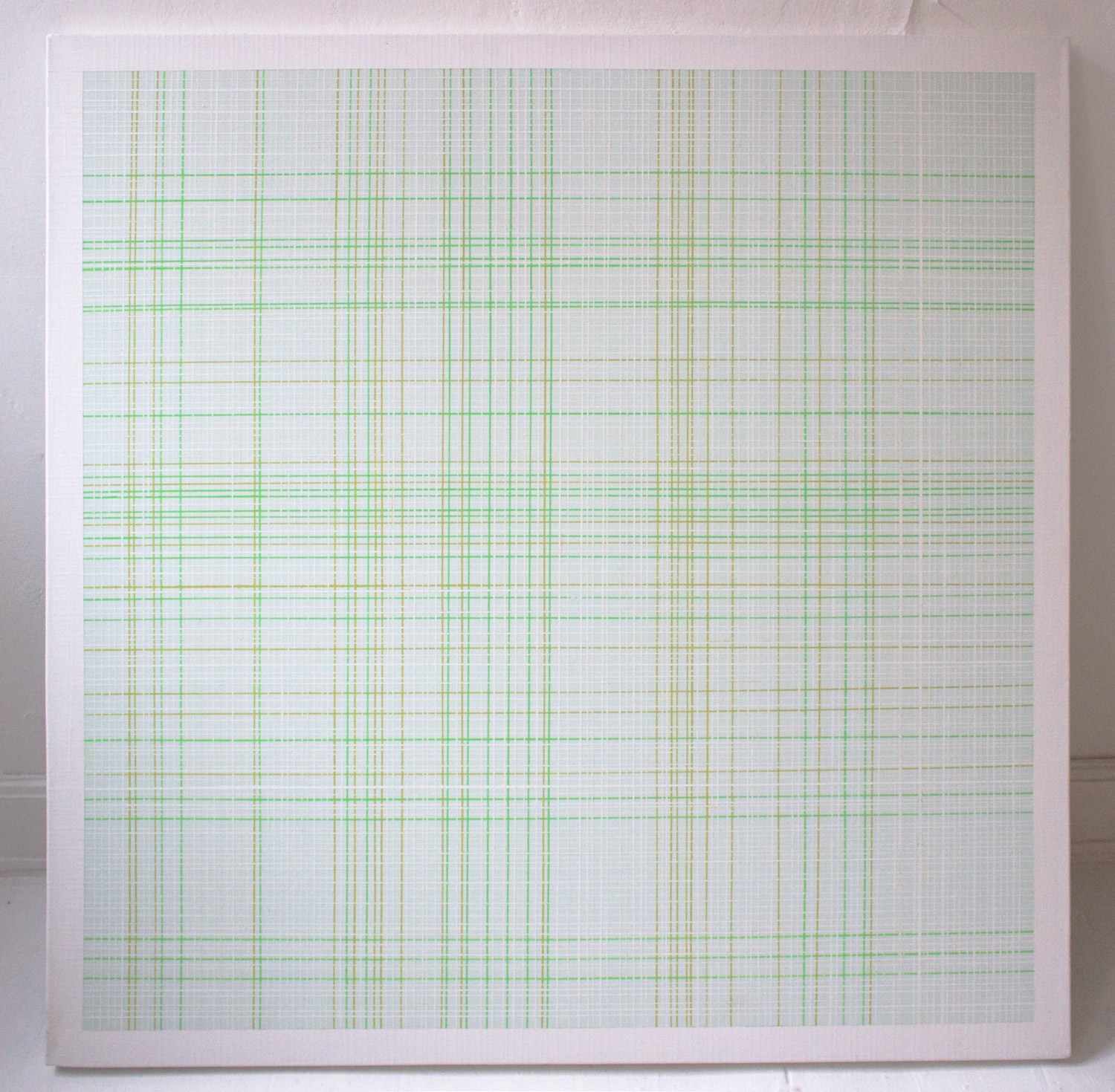 Inside / Outside 17 | Malerier | Kirsten Rotbøll Lassen | Beauton Art Gallery malerier, abstrakte, geometriske, grafiske, minimalistiske, arkitektur, mønstre, grønne, hvide, akryl,  bomuldslærred, abstrakte-former, arkitektoniske, terninger, kubisme, dansk, design, interiør, bolig-indretning, moderne, moderne-kunst, nordisk, skandinavisk, Køb original kunst og kunstplakater. Malerier, tegninger, limited edition kunsttryk & plakater af dygtige kunstnere.