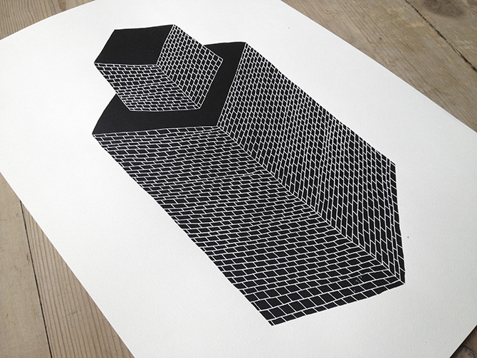 BLACK BRICKS | Plakater-posters-kunsttryk, Silketryk | My Buemann | Beauton Art Gallery plakater-posters-kunsttryk, silketryk, geometriske, grafiske, illustrative, pop, arkitektur, mønstre, sorte, hvide, papir, abstrakte-former, arkitektoniske, street-art, Køb original kunst og kunstplakater. Malerier, tegninger, limited edition kunsttryk & plakater af dygtige kunstnere.