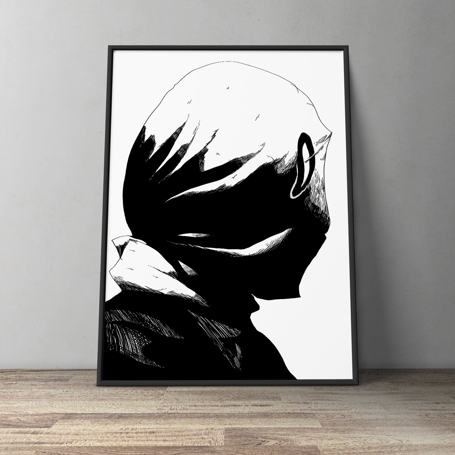 Cowl | Plakater-posters-kunsttryk, Giclee-tryk | Halfdan Pisket | Beauton Art Gallery plakater-posters-kunsttryk, giclee-tryk, figurative, monokrome, portræt, mennesker, sorte, hvide, papir, sort-hvide, samtidskunst, dansk, design, ansigter, interiør, bolig-indretning, moderne, moderne-kunst, nordisk, plakater, tryk, Køb original kunst og kunstplakater. Malerier, tegninger, limited edition kunsttryk & plakater af dygtige kunstnere.