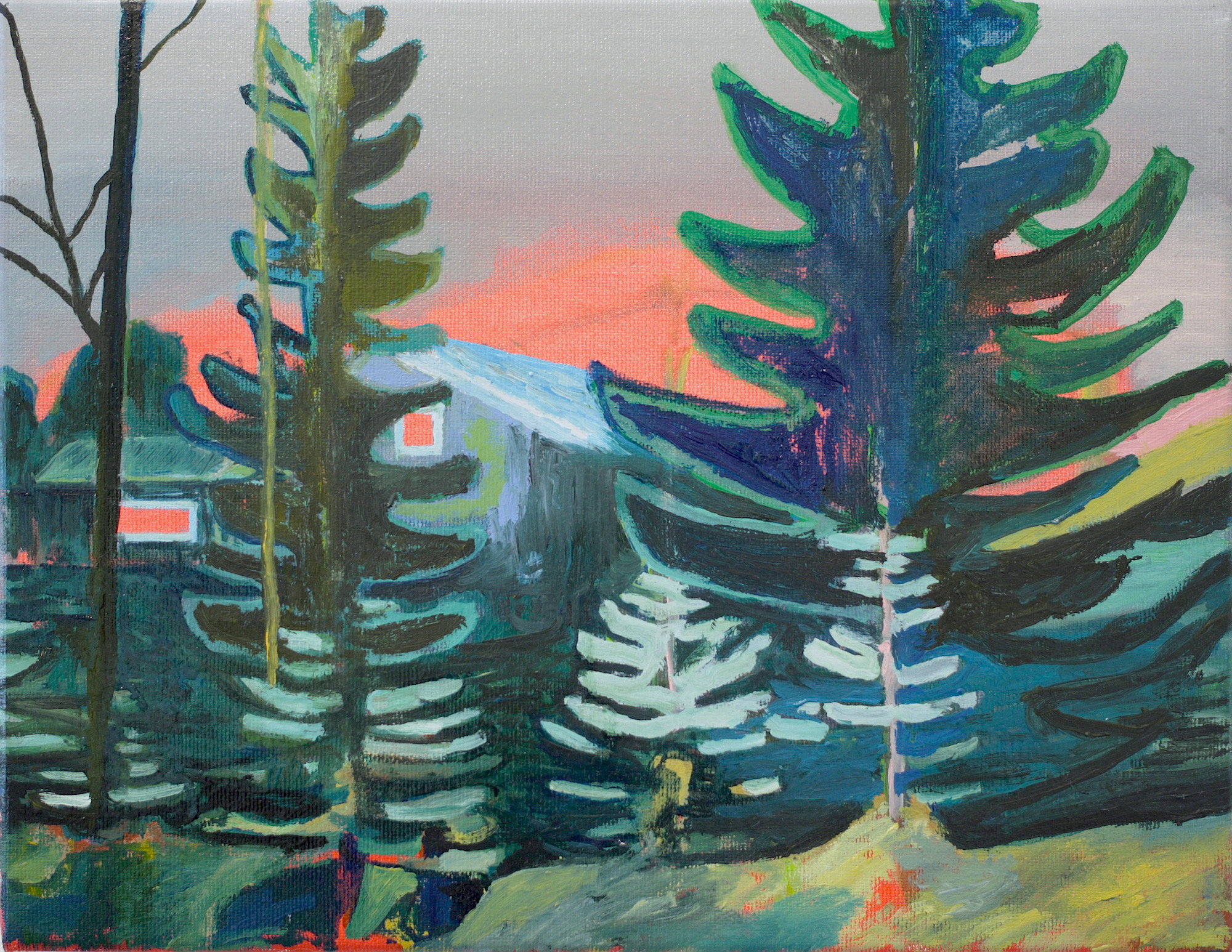 Heartland | Malerier | Rafael Guerrero Céspedes | Beauton Art Gallery malerier, farverige, ekspressionistiske, illustrative, landskab, arkitektur, botanik, hverdagsliv, stemninger, natur, årstider, blå, grønne, grå, neon,  bomuldslærred, olie, arkitektoniske, atmosfære, efterår, smukke, samtidskunst, dansk, mørke, detaljerigt, ekspressionisme, fantasi, skov, vandret, huse, impressionisme, nat, nordisk, udendørs, skandinavisk, sceneri, silhuet, rolige, træer, Køb original kunst og kunstplakater. Malerier, tegninger, limited edition kunsttryk & plakater af dygtige kunstnere.