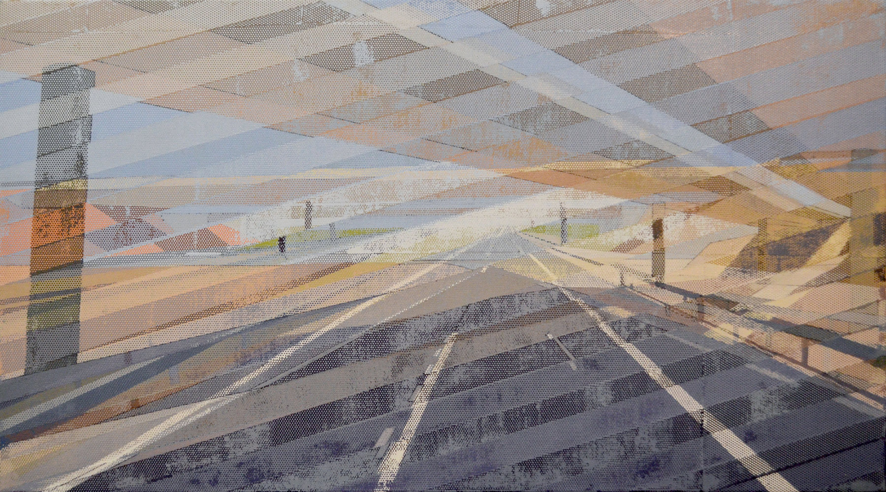 Paintings about speed, E5 | Malerier | Noemi Staniszewska | Beauton Art Gallery malerier, geometriske, arkitektur, bevægelse, mønstre, transportmidler, beige, blå, grå, akryl,  bomuldslærred, arkitektoniske, bygninger, sceneri, tid, Køb original kunst og kunstplakater. Malerier, tegninger, limited edition kunsttryk & plakater af dygtige kunstnere.