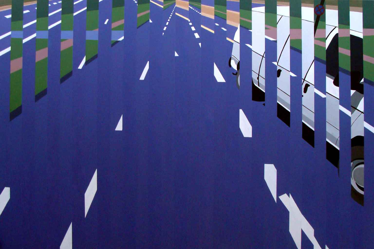 Paintings about speed, E51 | Malerier | Noemi Staniszewska | Beauton Art Gallery malerier, geometriske, arkitektur, bevægelse, mønstre, transportmidler, blå, grønne, hvide, akryl,  bomuldslærred, arkitektoniske, bygninger, sceneri, Køb original kunst og kunstplakater. Malerier, tegninger, limited edition kunsttryk & plakater af dygtige kunstnere.