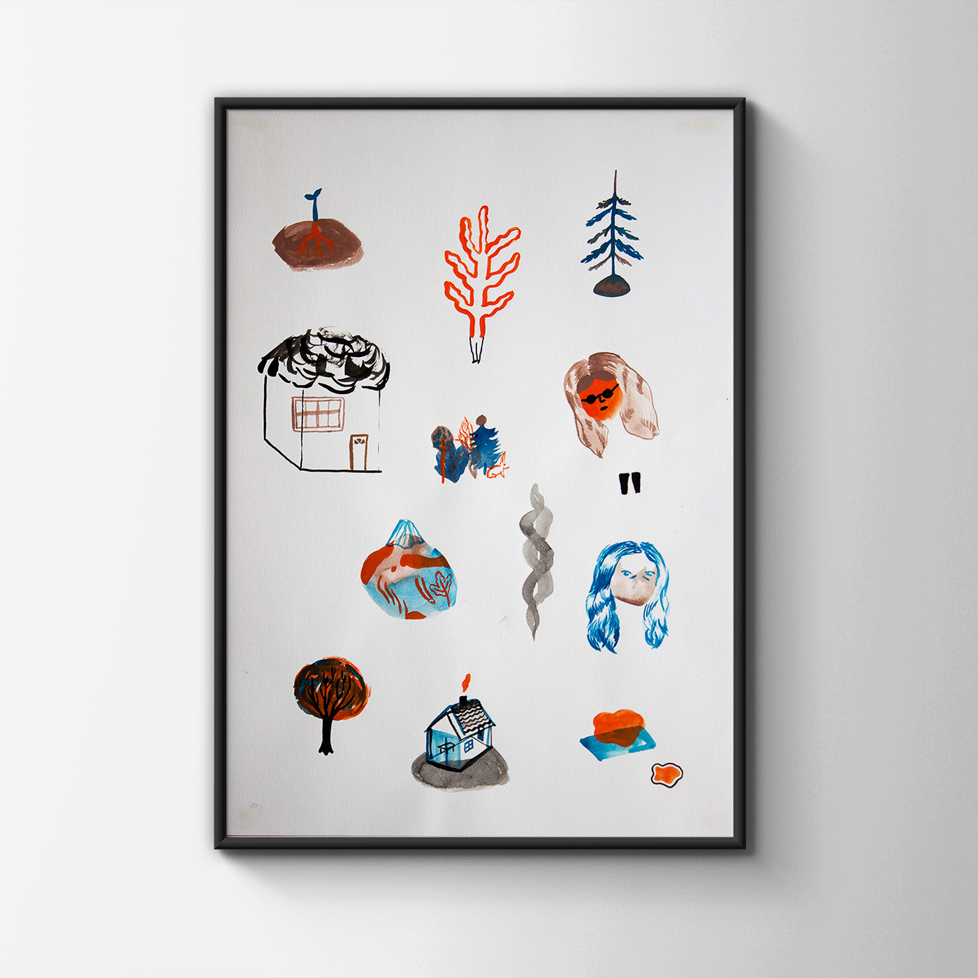 tegninger, gouache, akvareller, abstrakte, figurative, botanik, natur, sorte, blå, røde, gouache, papir, akvarel, sjove, smukke, dansk, dekorative, design, ansigter, huse, interiør, bolig-indretning, nordisk, skandinavisk, træer, Køb original kunst og kunstplakater. Malerier, tegninger, limited edition kunsttryk & plakater af dygtige kunstnere.