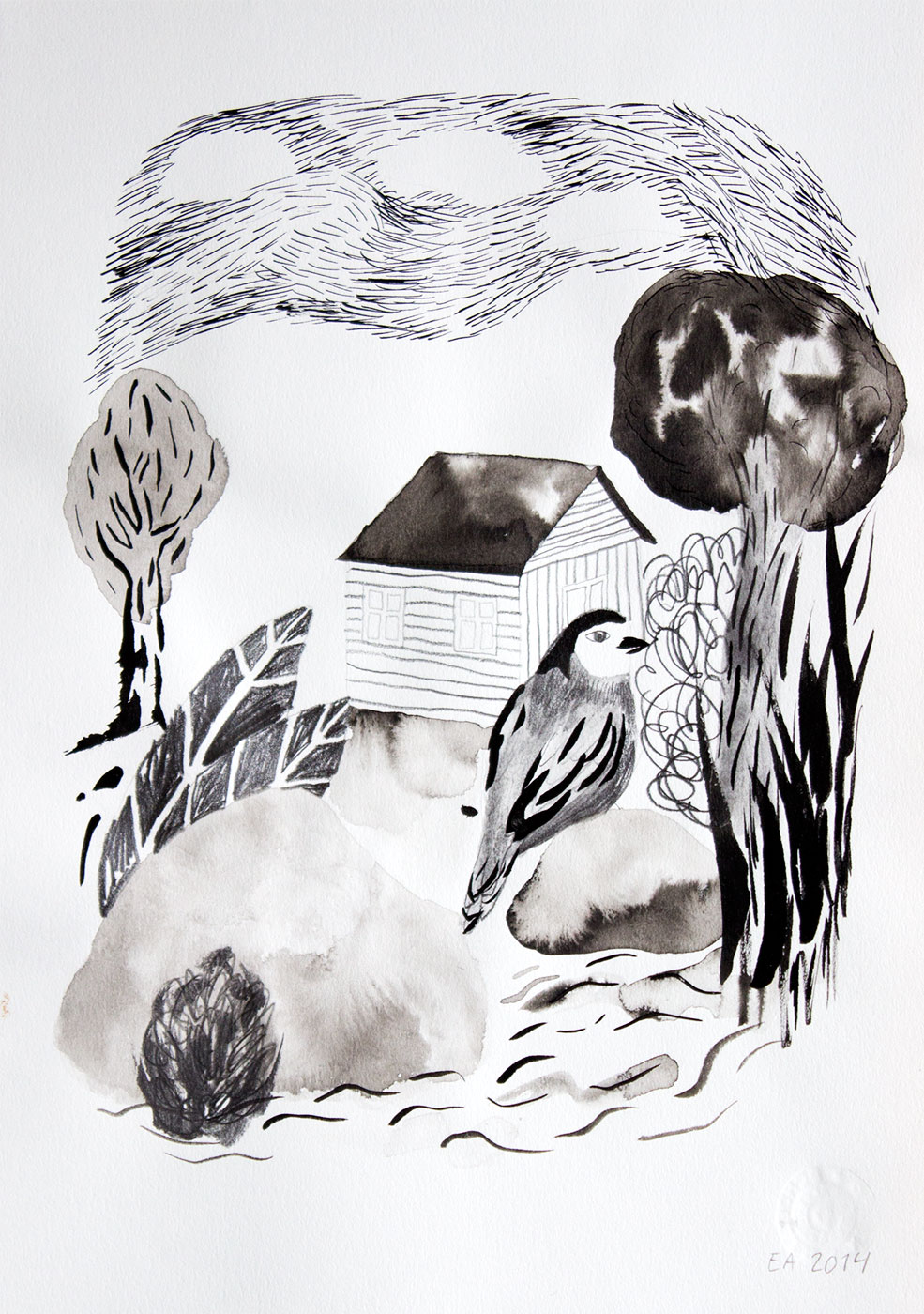 Natur VI | Tegninger, Akvareller | Emilie Aastrup | Beauton Art Gallery tegninger, akvareller, geometriske, landskab, arkitektur, botanik, natur, mønstre, kæledyr, sorte, grå, hvide, artliner, papir, akvarel, smukke, fugle, dekorative, blomster, interiør, bolig-indretning, sceneri, vand, Køb original kunst og kunstplakater. Malerier, tegninger, limited edition kunsttryk & plakater af dygtige kunstnere.