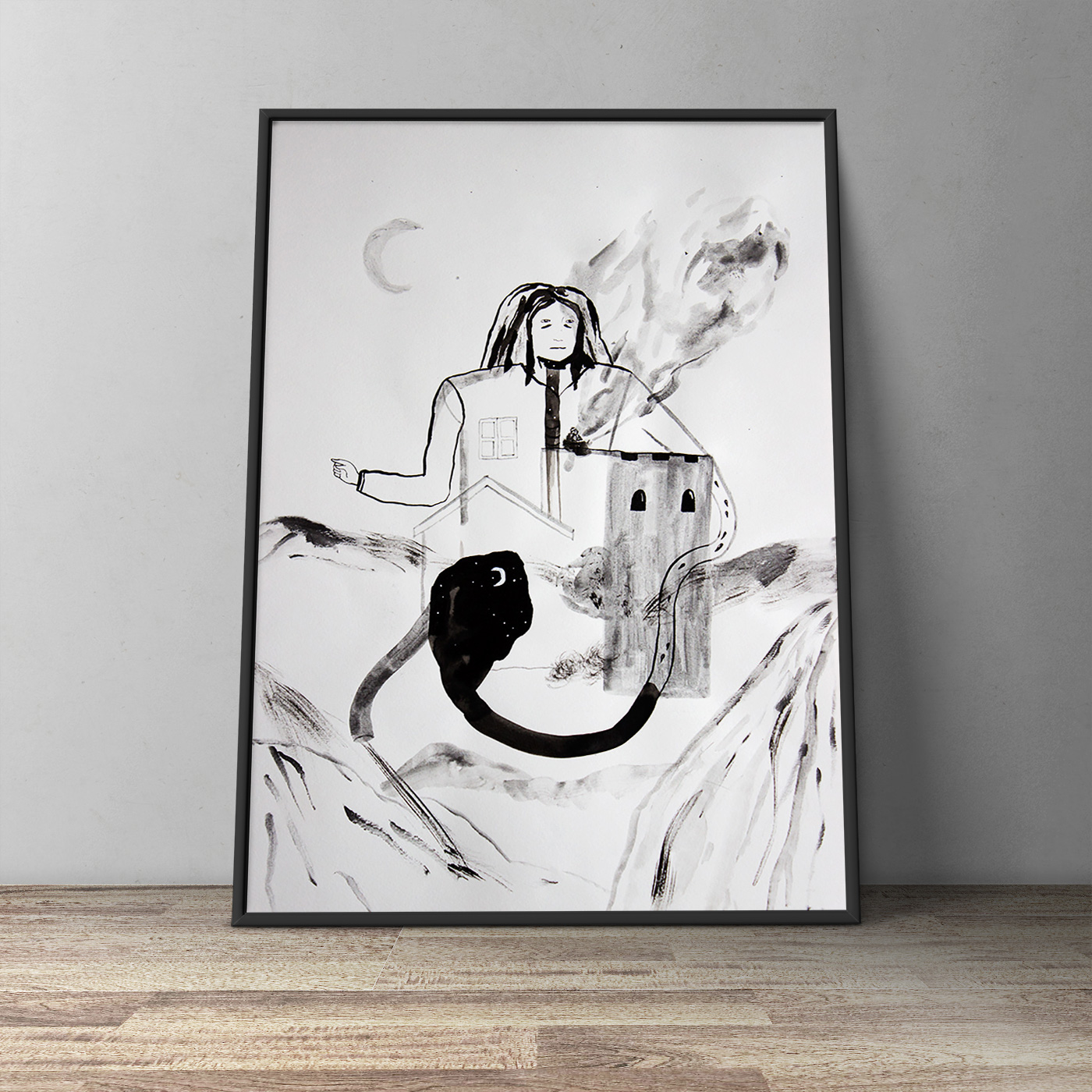 Uden Titel XXIII | Tegninger | Emilie Aastrup | Beauton Art Gallery tegninger, æstetiske, figurative, landskab, portræt, botanik, natur, sorte, grå, hvide, kul, blæk, papir, akvarel, dekorative, huse, interiør, bolig-indretning, bjerge, sceneri, Køb original kunst og kunstplakater. Malerier, tegninger, limited edition kunsttryk & plakater af dygtige kunstnere.