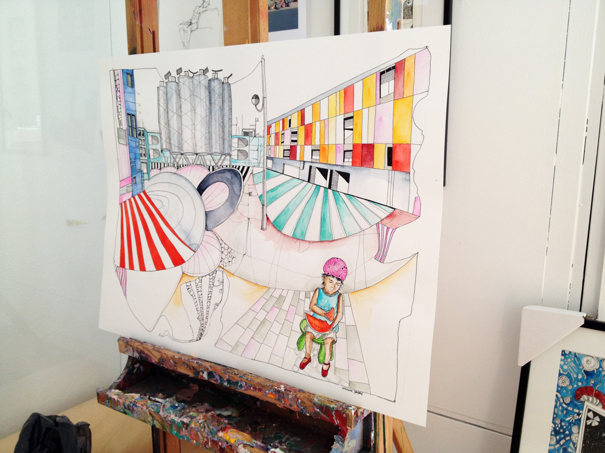 illustrationer. Udtryksfuldt moderne kunst. bygninger, farver, vandmelon. talentfulde kunstnere, online kunstgalleri.