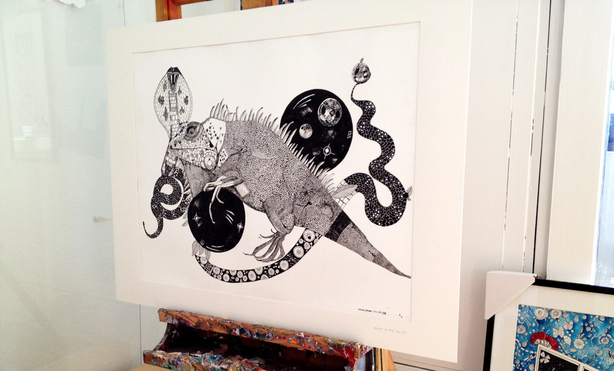 Leguan og Slangetegn. En illustration af kunstner Marianne Stenberg.