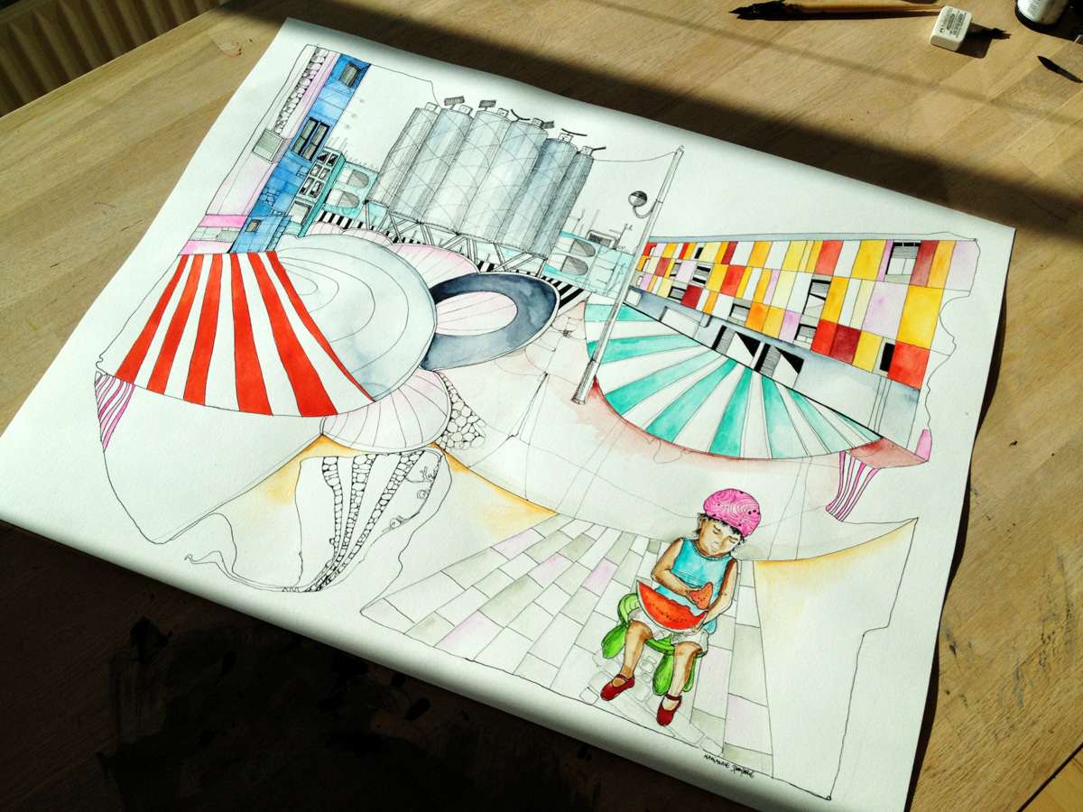 illustrationer. Udtryksfuldt moderne kunst. bygninger, farver, vandmelon. talentfulde kunstnere, online kunstgalleri.