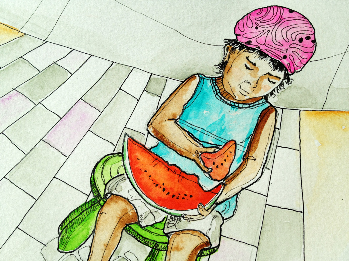 illustrationer. Udtryksfuldt moderne kunst. bygninger, farver, vandmelon. talentfulde kunstnere, online kunstgalleri.