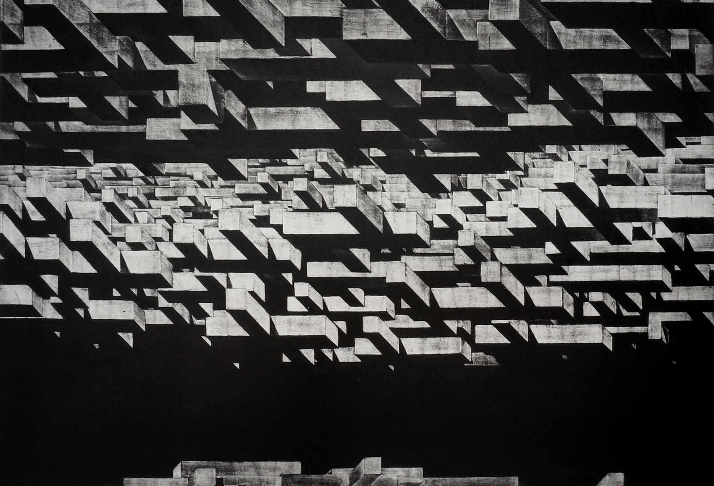 Perpetuum Mobile LIX | Kunsttryk, Engraveringer | Tomasz Winiarski | Beauton Art Gallery kunsttryk, engraveringer, abstrakte, æstetiske, monokrome, arkitektur, bevægelse, mønstre, sorte, grå, hvide, blæk, papir, abstrakte-former, dekorative, design, interiør, bolig-indretning, nordisk, skandinavisk, Køb original kunst og kunstplakater. Malerier, tegninger, limited edition kunsttryk & plakater af dygtige kunstnere.