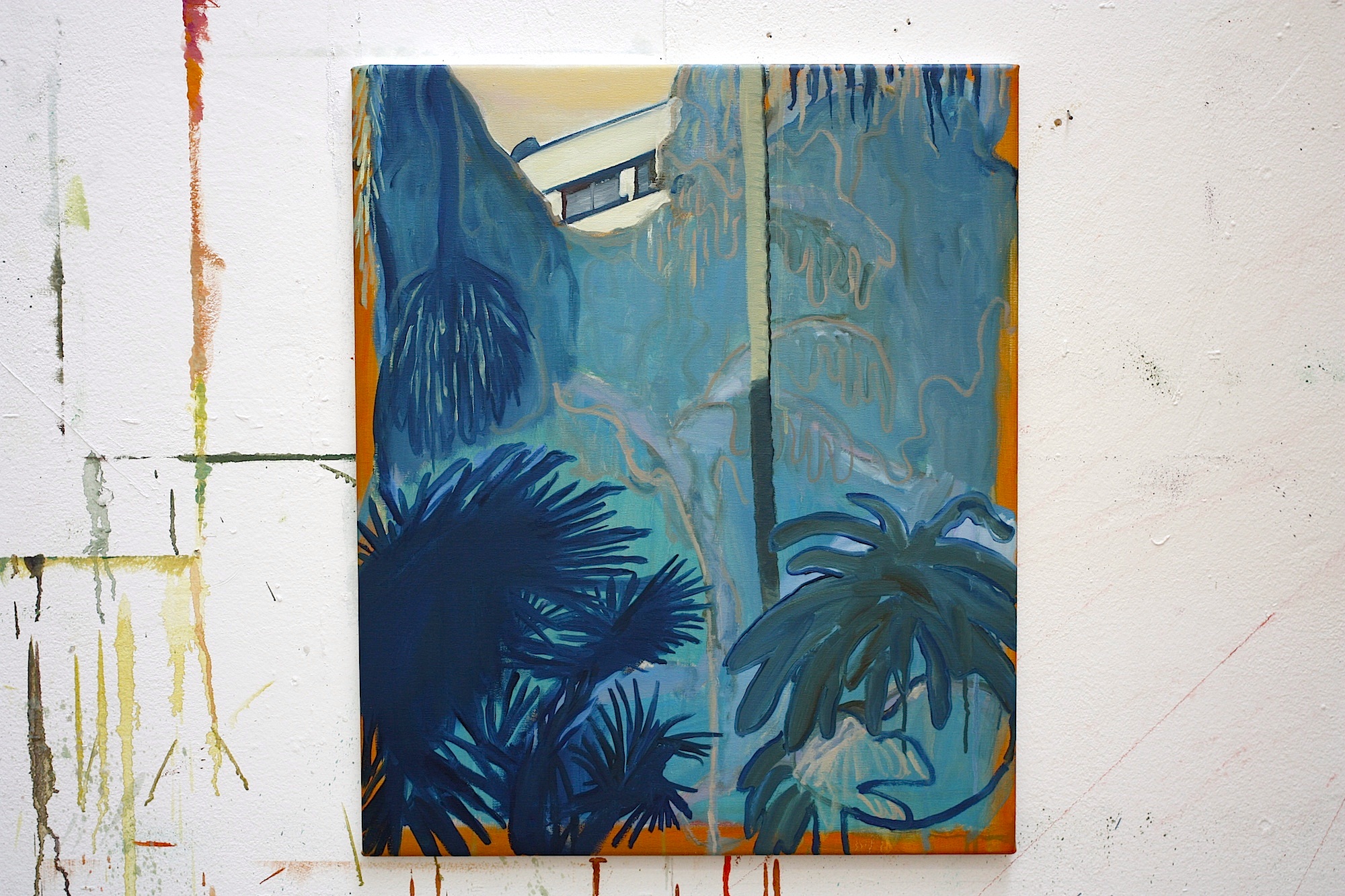 I am the palm | Malerier | Rafael Guerrero Céspedes | Beauton Art Gallery malerier, æstetiske, farverige, ekspressionistiske, geometriske, landskab, arkitektur, botanik, natur, blå, orange,  bomuldslærred, olie, bygninger, dansk, dekorative, design, ekspressionisme, interiør, bolig-indretning, moderne, moderne-kunst, planter, hav, træer, levende, Køb original kunst og kunstplakater. Malerier, tegninger, limited edition kunsttryk & plakater af dygtige kunstnere.