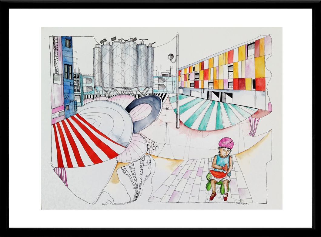 illustrationer. Udtryksfuldt moderne kunst. bygninger, farver, vandmelon. talentfulde kunstnere, online kunstgalleri.