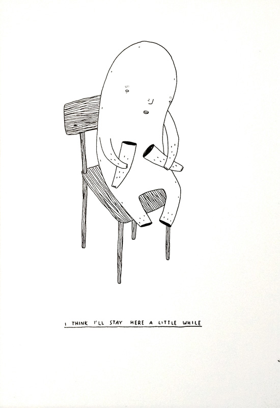 I think I will stay here a little while - 30 x 21. En original illustration af My Buemann. Illustrationen er indrammet i en sort træramme. Sort hvid illustrationer perfekt til hjemmet bolig indretning, original kunst, gave ide, gallerier, dygtige kunstnere, tegnere