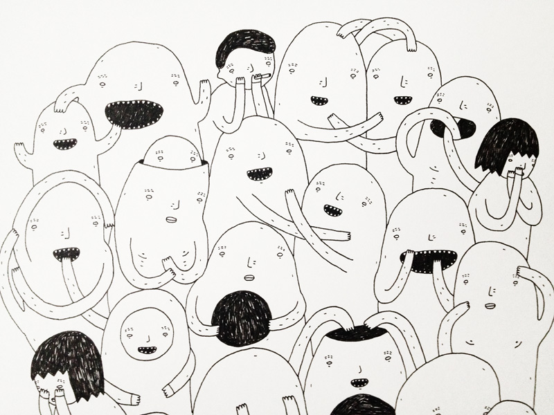 Random people #2 - 42 x 30 - A3. En original kunst illustration af kunstner My Buemann. Illustrationen er indrammet i en sort træramme. Boliger interiør design med original kunst, kunstfærdige tegninger sjove og skæve figurer af dygtige kunstnere.