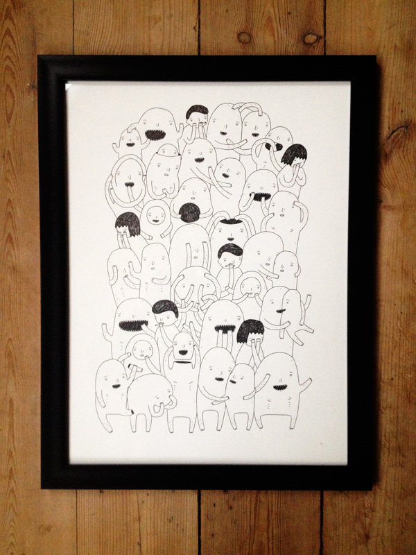 Random people #2 - 42 x 30 - A3. En original kunst illustration af kunstner My Buemann. Illustrationen er indrammet i en sort træramme. Boliger interiør konstruktion med original kunst, kunstfærdige tegninger sjove og skæve figurer af dygtige kunstnere.