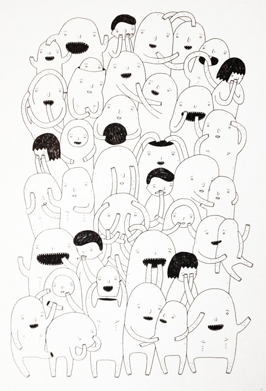 Random people #2 - 42 x 30 - A3. En original kunst illustration af kunstner My Buemann. Illustrationen er indrammet i en sort træramme. Boliger interiør design med original kunst, finurlige tegninger sjove og skæve figurer af talentfulde kunstnere.