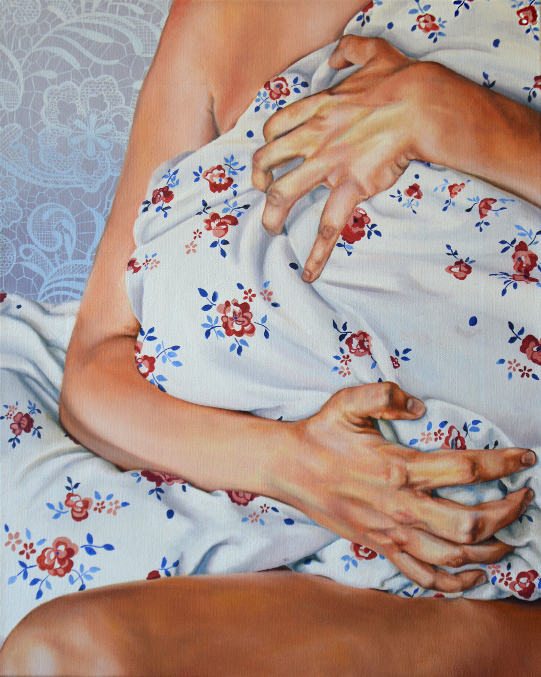 Komfort | Malerier | Aleksandra Kalisz | Beauton Art Gallery malerier, figurative, portræt, kroppe, mønstre, seksualitet, tekstiler, blå, pastel, pink, røde, hvide,  bomuldslærred, olie, samtidskunst, dekorative, kvindelig, feminist, interiør, bolig-indretning, moderne, moderne-kunst, romantiske, seksuel, kvinder, Køb original kunst og kunstplakater. Malerier, tegninger, limited edition kunsttryk & plakater af dygtige kunstnere.
