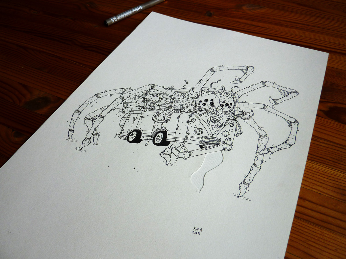 The Spider - 29,7 x 42 cm., A3. En original illustration af Rune Alexandersen.  Tegningen er udført på tykt syrefrit arkiverbart papir. Tegningen kommer ikke indrammet. edderkop, bus, illustrationer og tegninger, kunst, kunstgalleri, galleri, sjov tegning, street art, pop kultur, inspiration,