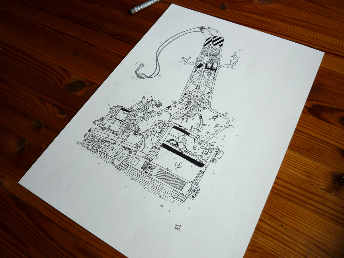 Crane Of Death - 29,7 x 42 cm., A3. En original illustration af Rune Alexandersen.  Tegningen er udført på tykt syrefrit arkiverbart papir. Tegningen kommer ikke indrammet.