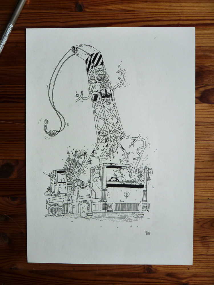 Crane Of Death - 29,7 x 42 cm., A3. En original illustration af Rune Alexandersen.  Tegningen er udført på tykt syrefrit arkiverbart papir. Tegningen kommer ikke indrammet.