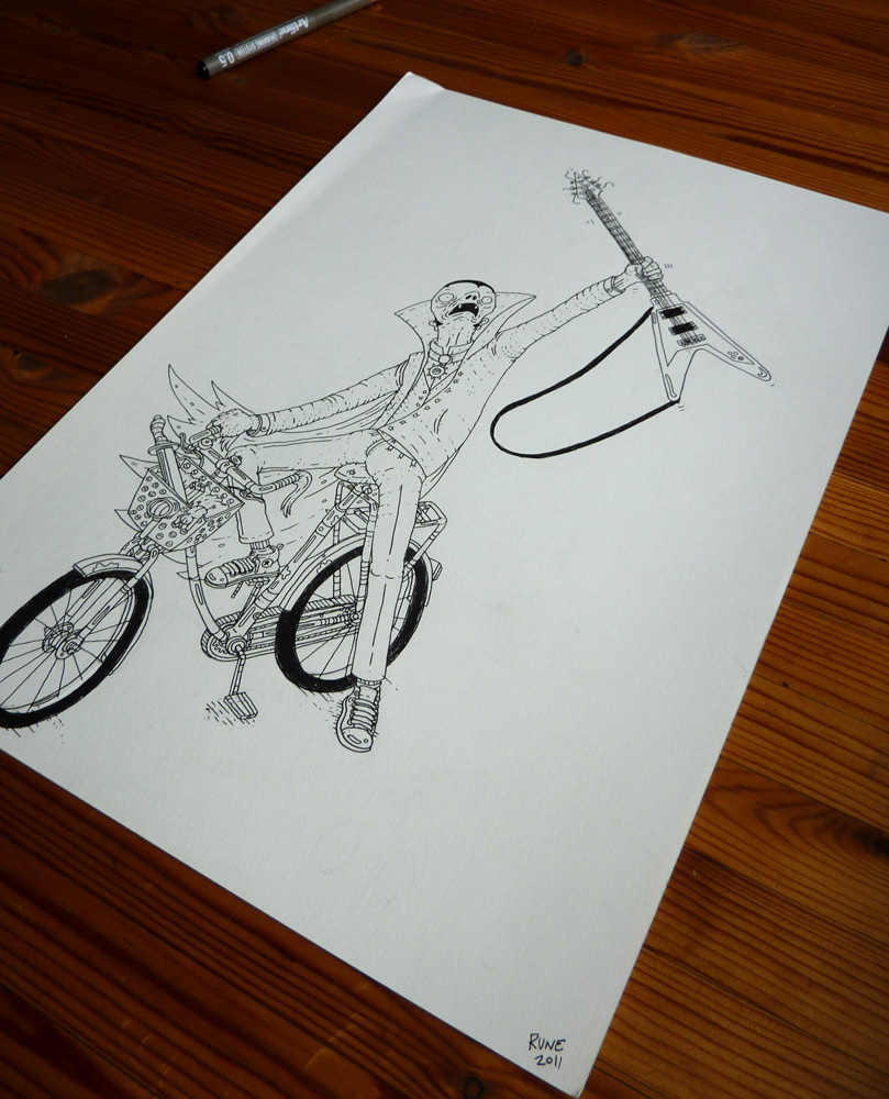 knallert, guitar, cykel, illustrationer og tegninger, kunst, kunstgalleri, galleri, sjov tegning, street art, pop kultur, inspiration,
