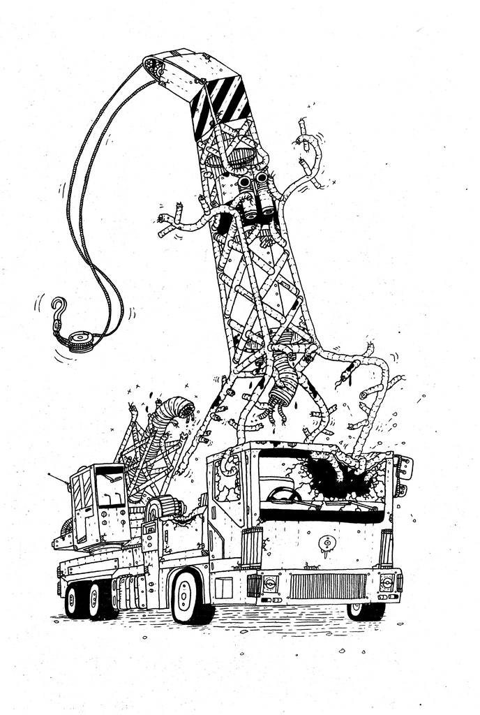 Crane Of Death - 29,7 x 42 cm., A3. En original illustration af Rune Alexandersen.  Tegningen er udført på tykt syrefrit arkiverbart papir. Tegningen kommer ikke indrammet. kran, monster, illustrationer og tegninger, kunst, kunstgalleri, galleri, sjov tegning, street art, pop kultur, inspiration,