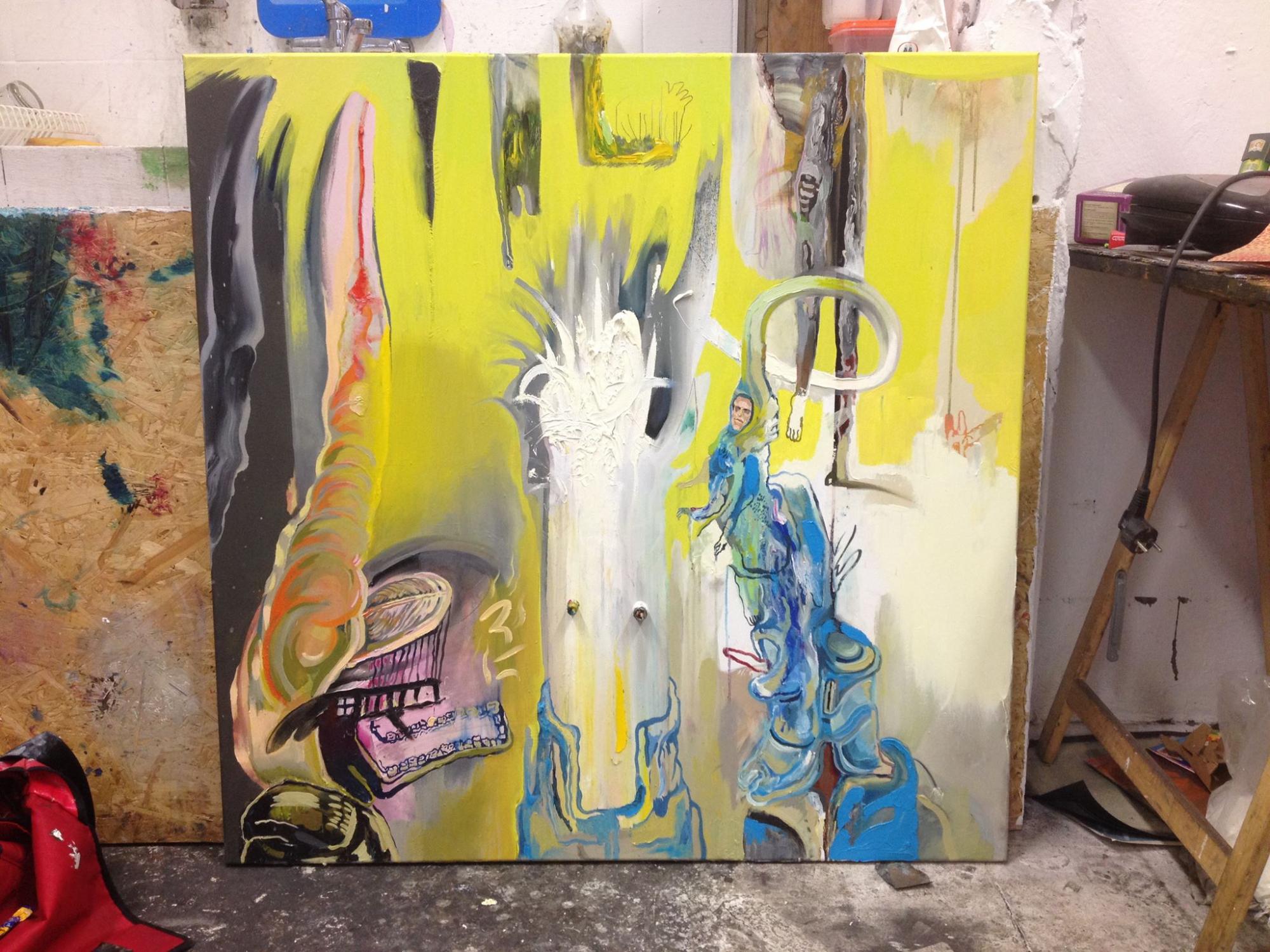 Extraordinary Helmets Have A Meeting | Malerier | Piotr Dudek | Beauton Art Gallery malerier, farverige, ekspressionistiske, stemninger, bevægelse, blå, grå, hvide, gule,  bomuldslærred, tusch, olie, abstrakte-former, ekspressionisme, ansigter, Køb original kunst af den højeste kvalitet. Malerier, tegninger, limited edition kunsttryk & plakater af dygtige kunstnere.