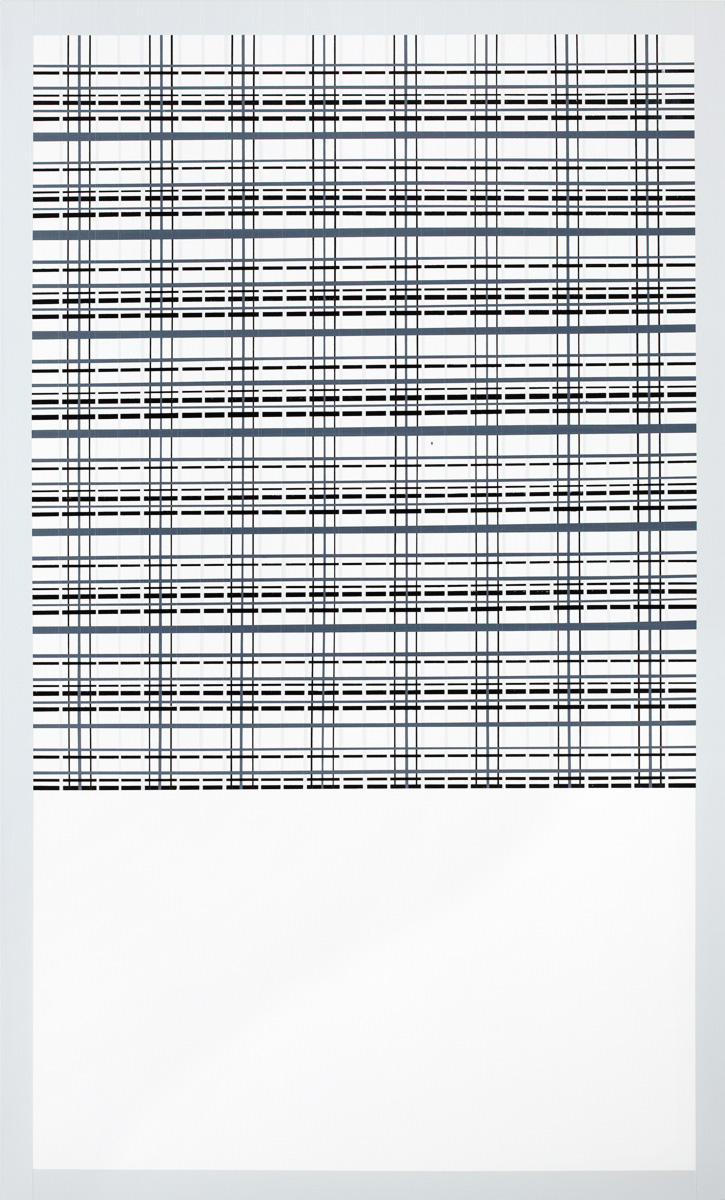 Inquiry #1 - 70 x 150. Et originalt maleri af Kirsten Rotbøll Lassen æstetisk minimalistisk maleri, enkelt, stilrent, linjer, sort, hvid, grafisk, design