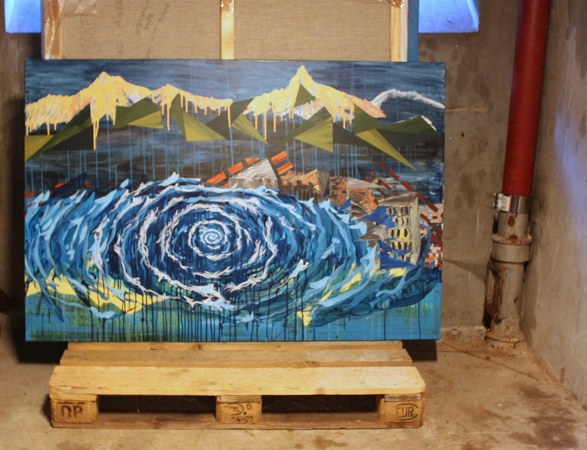 Tsunami I | Malerier | Anja Hemmingsen | Beauton Art Gallery malerier, farverige, ekspressionistiske, landskab, stemninger, bevægelse, natur, årstider, blå, grønne, turkise, gule, akryl,  bomuldslærred, københavn, dansk, dekorative, design, ekspressionisme, interiør, bolig-indretning, bjerge, naive, nordisk, skandinavisk, sceneri, levende, vand, Køb original kunst og kunstplakater. Malerier, tegninger, limited edition kunsttryk & plakater af dygtige kunstnere.