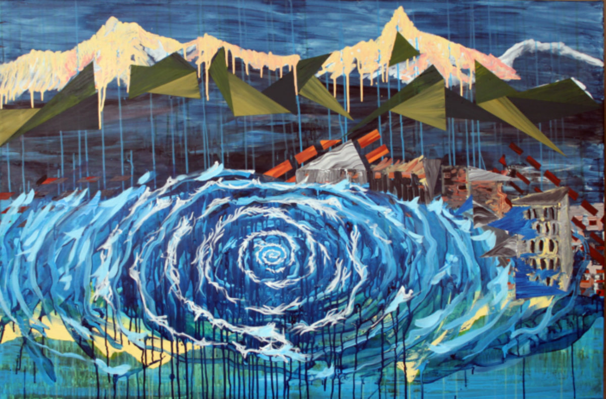 Tsunami I | Malerier | Anja Hemmingsen | Beauton Art Gallery malerier, farverige, ekspressionistiske, landskab, stemninger, bevægelse, natur, årstider, blå, grønne, turkise, gule, akryl,  bomuldslærred, københavn, dansk, dekorative, design, ekspressionisme, interiør, bolig-indretning, bjerge, naive, nordisk, skandinavisk, sceneri, levende, vand, Køb original kunst og kunstplakater. Malerier, tegninger, limited edition kunsttryk & plakater af dygtige kunstnere.