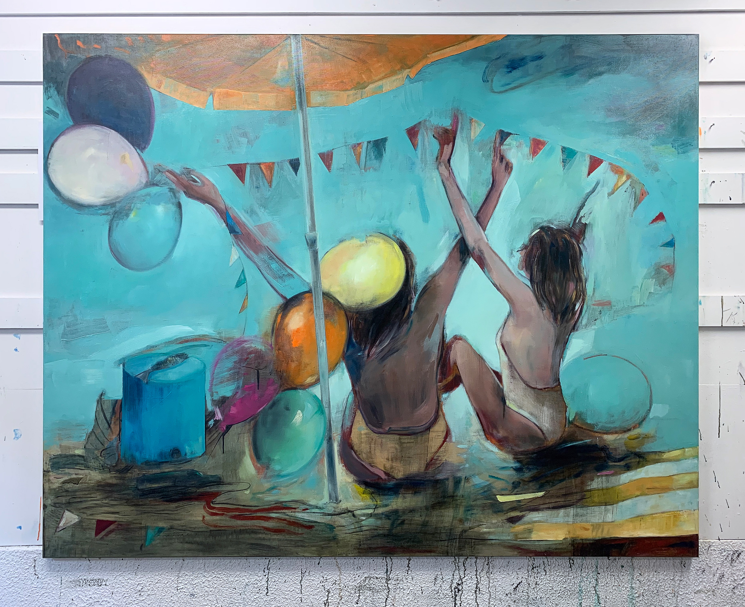 The celebration – Lost in celebration VI | Malerier | Marck Fink | Beauton Art Gallery malerier, farverige, ekspressionistiske, figurative, grafiske, kroppe, stemninger, bevægelse, mennesker, blå, orange, pink, gule, akryl, kul,  bomuldslærred, olie, atmosfære, strand, smukke, lyse, samtidskunst, københavn, ekspressionisme, piger, bolig-indretning, moderne, moderne-kunst, nordisk, skandinavisk, hav, sommer, sol, rejse, kvinder, Køb original kunst og kunstplakater. Malerier, tegninger, limited edition kunsttryk & plakater af dygtige kunstnere.