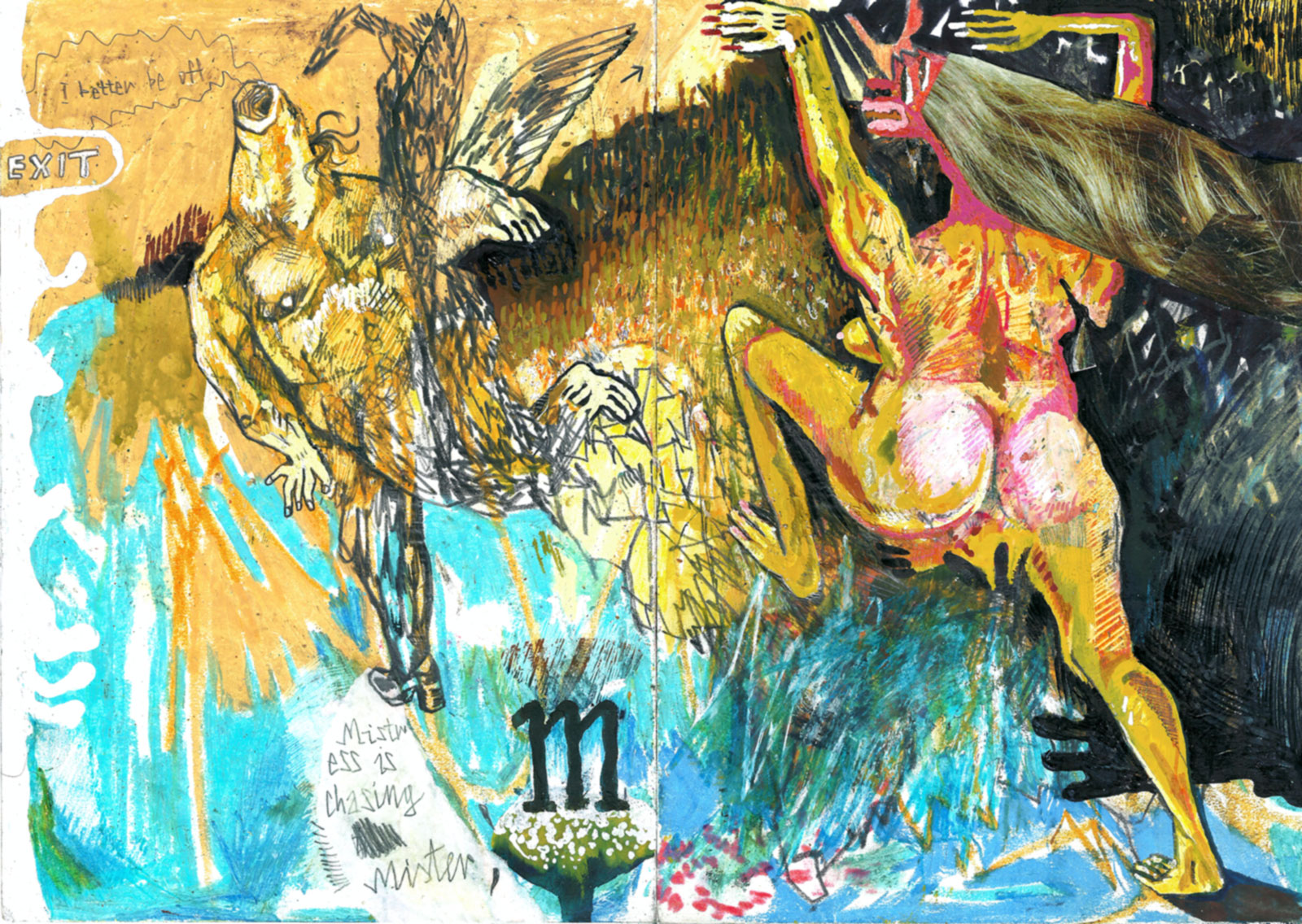 Mistress Chasing Mister - 30 - 42 cm. Original tegning af kunstner Piotr Dudek.