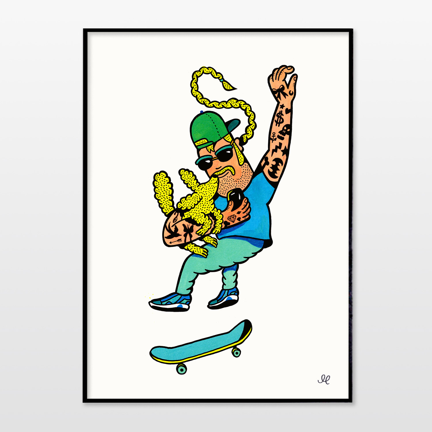 Skaterboy  | Plakater-posters-kunsttryk, Giclee-tryk | Mormor | "Skaterboy"
Signeret gicleé kunstplakat af Mormor
High-grade pigmenteret blæk på 270 gr./m2 syrefrit Fabriano kunstpapir.
Passer til en standard 50x70 ramme. Ramme er ikke inkluderet. | Beauton Art Gallery plakater-posters-kunsttryk, giclee-tryk, børnevenlige, figurative, pop, portræt, kroppe, tegneserier, børn, humor, mennesker, sport, blå, turkise, hvide, blæk, papir, sjove, samtidskunst, københavn, dansk, dekorative, design, interiør, bolig-indretning, moderne, moderne-kunst, nordisk, skandinavisk, Køb original kunst og kunstplakater. Malerier, tegninger, limited edition kunsttryk & plakater af dygtige kunstnere.