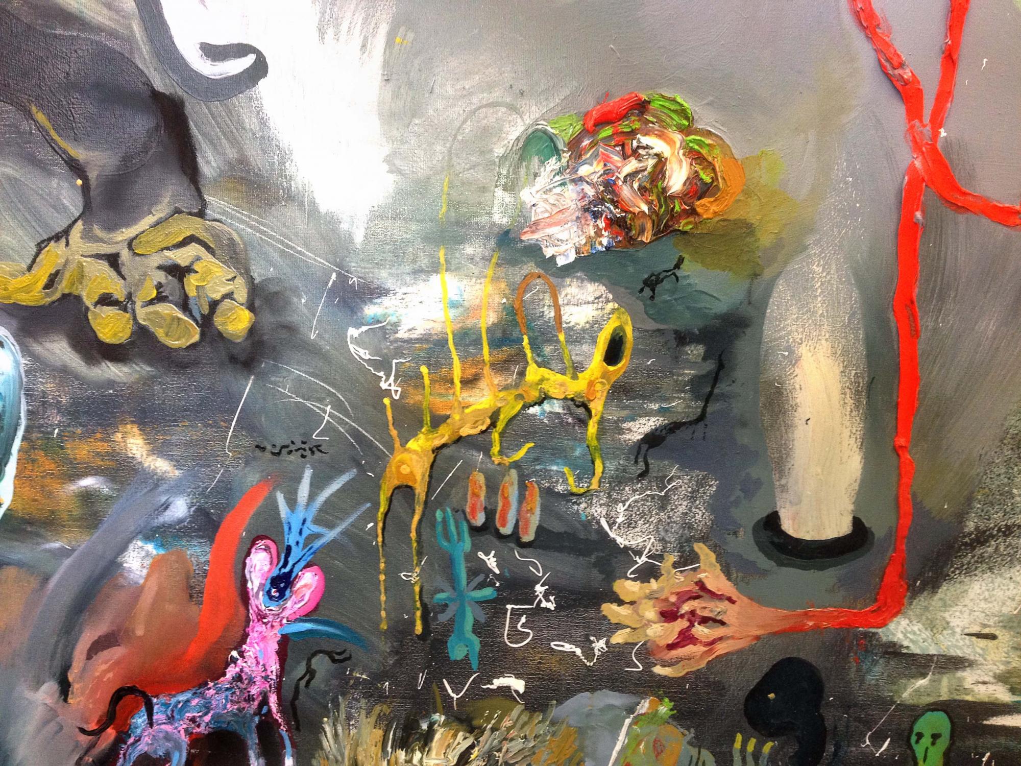 Hvorfor vil Fifraks ikke drikke fra vandpytten? | Malerier | Piotr Dudek | Beauton Art Gallery malerier, ekspressionistiske, grafiske, landskab, bevægelse, natur, dyreliv, grå, røde, hvide, gule,  bomuldslærred, olie, abstrakte-former, sceneri, vand, vilde-dyr, Køb original kunst af den højeste kvalitet. Malerier, tegninger, limited edition kunsttryk & plakater af dygtige kunstnere.