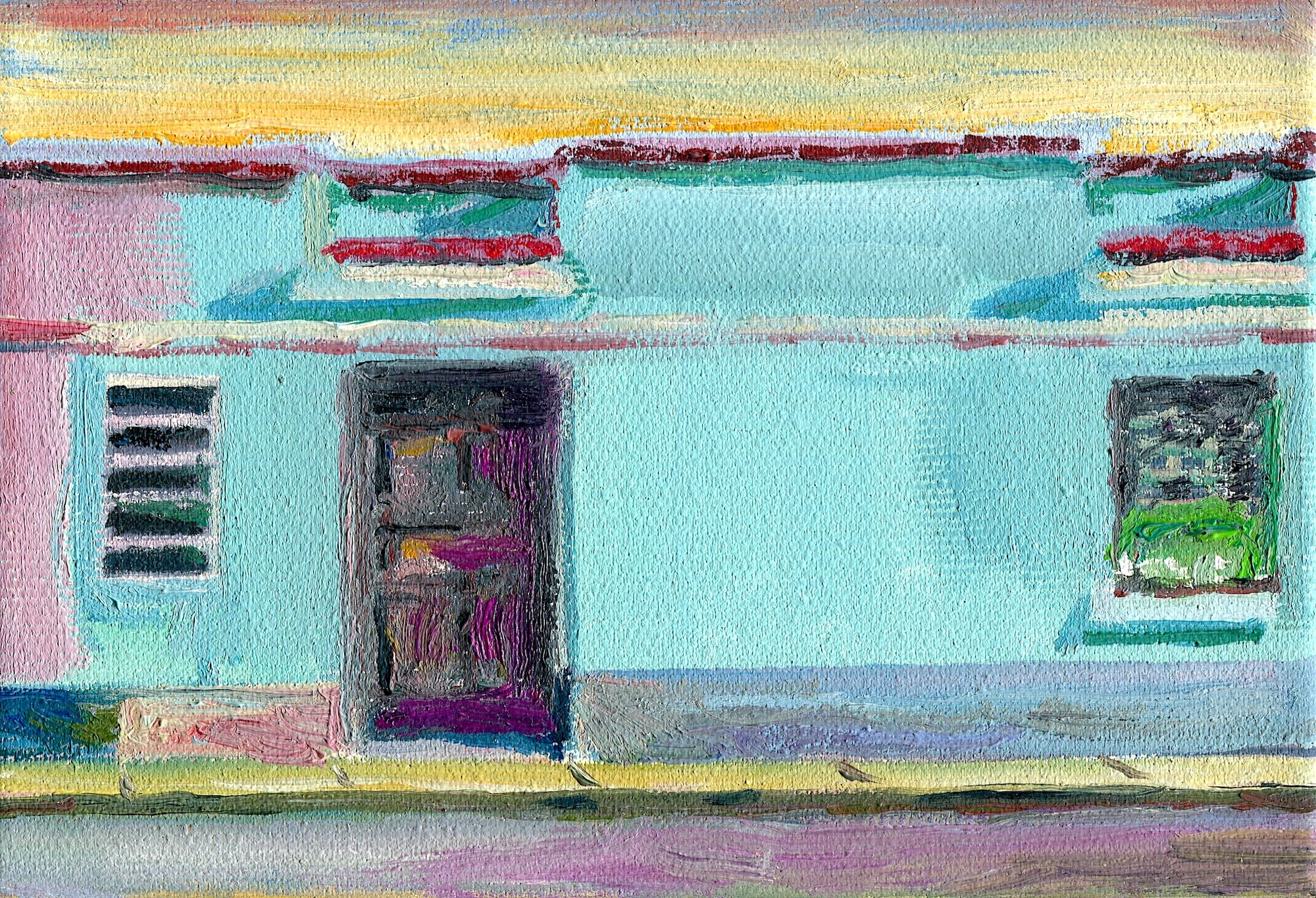 malerier, farverige, figurative, landskab, pop, arkitektur, stemninger, årstider, himmel, pastel, pink, turkise, gule,  bomuldslærred, olie, arkitektoniske, smukke, lyse, bygninger, byer, samtidskunst, sød, dag, dekorative, design, detaljerigt, fantasi, vandret, huse, interiør, bolig-indretning, moderne, moderne-kunst, udendørs, romantiske, sceneri, gader, sommer, sol, rolige, urban, Køb original kunst og kunstplakater. Malerier, tegninger, limited edition kunsttryk & plakater af dygtige kunstnere.