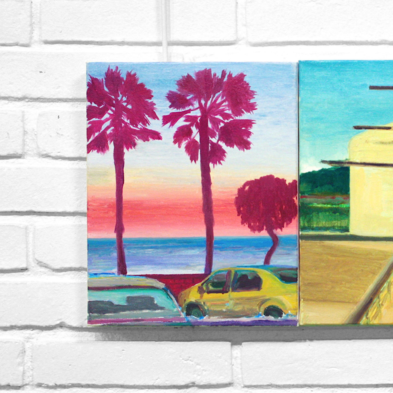 Sunset Blvd | Malerier | Rafael Guerrero Céspedes | Beauton Art Gallery malerier, æstetiske, farverige, landskab, pop, botanik, stemninger, natur, havet, årstider, himmel, transportmidler, blå, lillae, røde, gule,  bomuldslærred, olie, atmosfære, strand, smukke, lyse, biler, byer, samtidskunst, dag, dekorative, fantasi, blomster, moderne-kunst, udendørs, planter, flotte, sceneri, hav, sommer, sol, rolige, rejse, træer, urban, lodret, Køb original kunst og kunstplakater. Malerier, tegninger, limited edition kunsttryk & plakater af dygtige kunstnere.